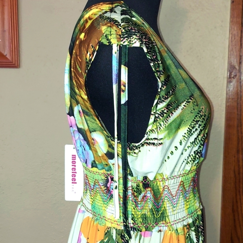 NWT Women's Morefeel Floral Abstract Empire Waist Matte Jersey Maxi Dress - Picture 6 of 12